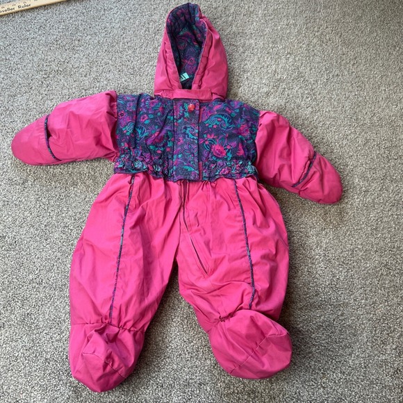 vtg‎ ski snow suit baby 6-9m pink one piece retro outdoor gorpcore 80s geometric